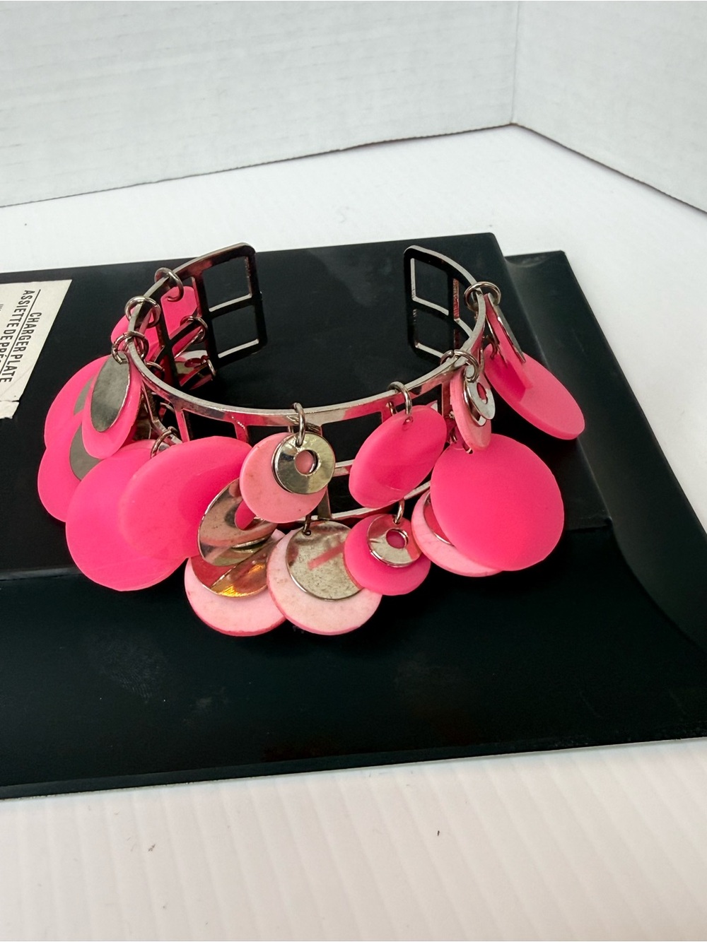 Pink Disc Charm Bangle Bracelet